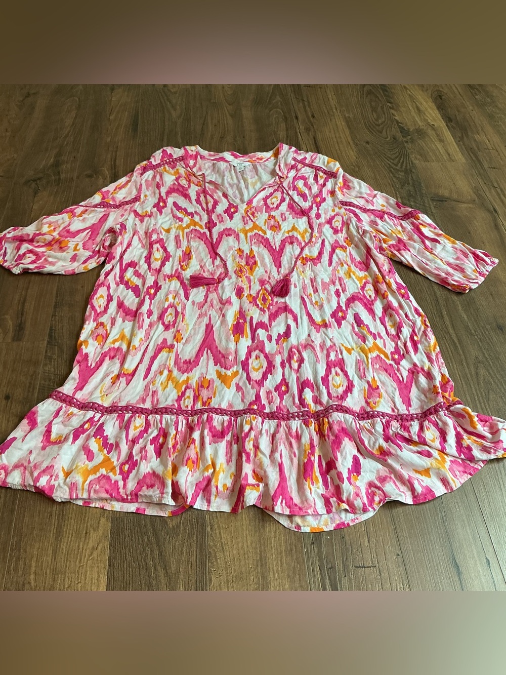 Crown & Ivy Boho Ikat Tunic Blouse Pink Orange Tassel Top 2X Resort Coastal